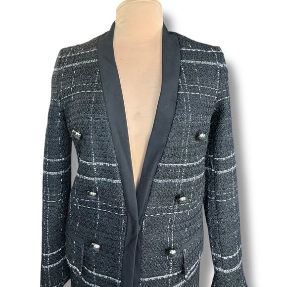 Zara Black Checked Tweed Longline Frock Coat Blazer Jacket Women’s XS Boucle - Picture 3 of 10